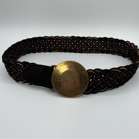 GAP Braided Brown & Tan Leather Woven Statement Belt with Shield Buckle Sz S - Picture 6 of 10